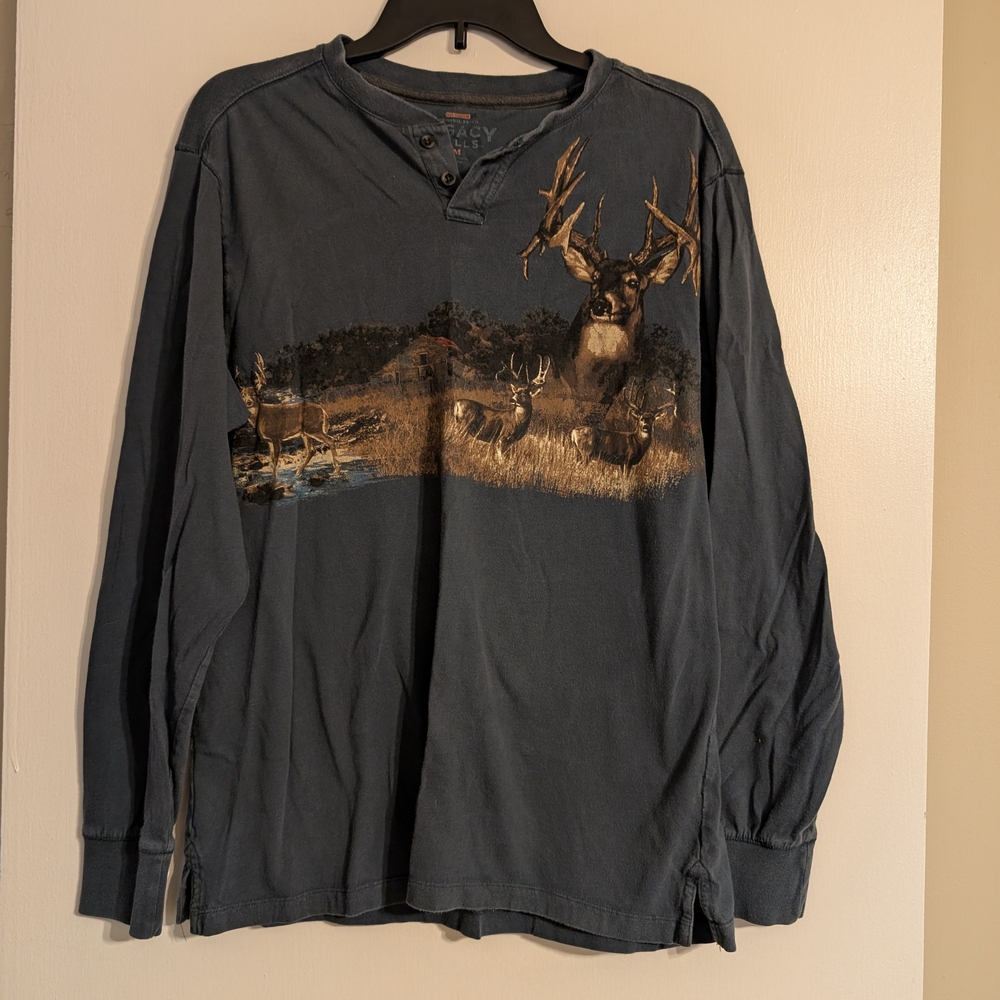 Legacy Blue Henley Long Sleeve Tee with Outdoor Scenic Design